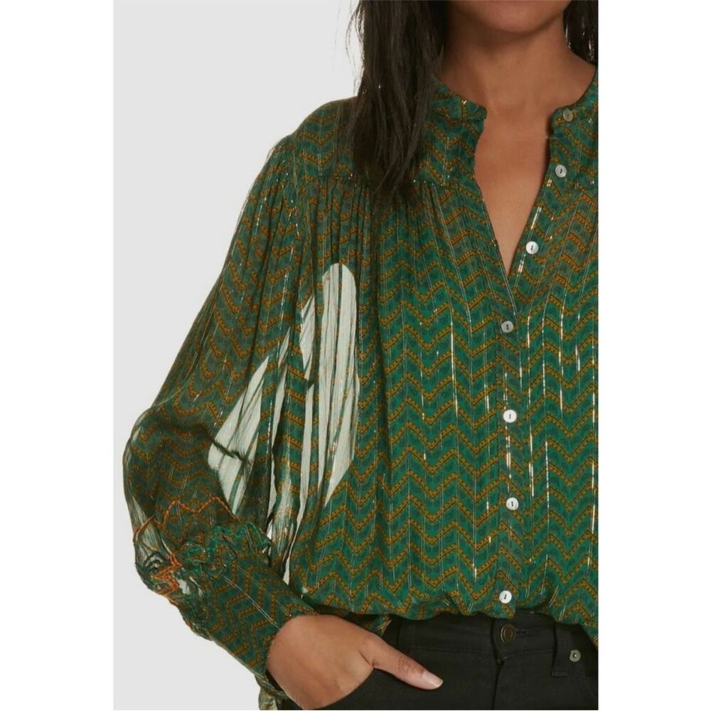 ba&sh Green Chevron Metallic-Thread Sheer Blouse - Picture 2 of 7